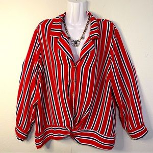 2X Red, black & white longsleeve blouse with gold hardware. W164